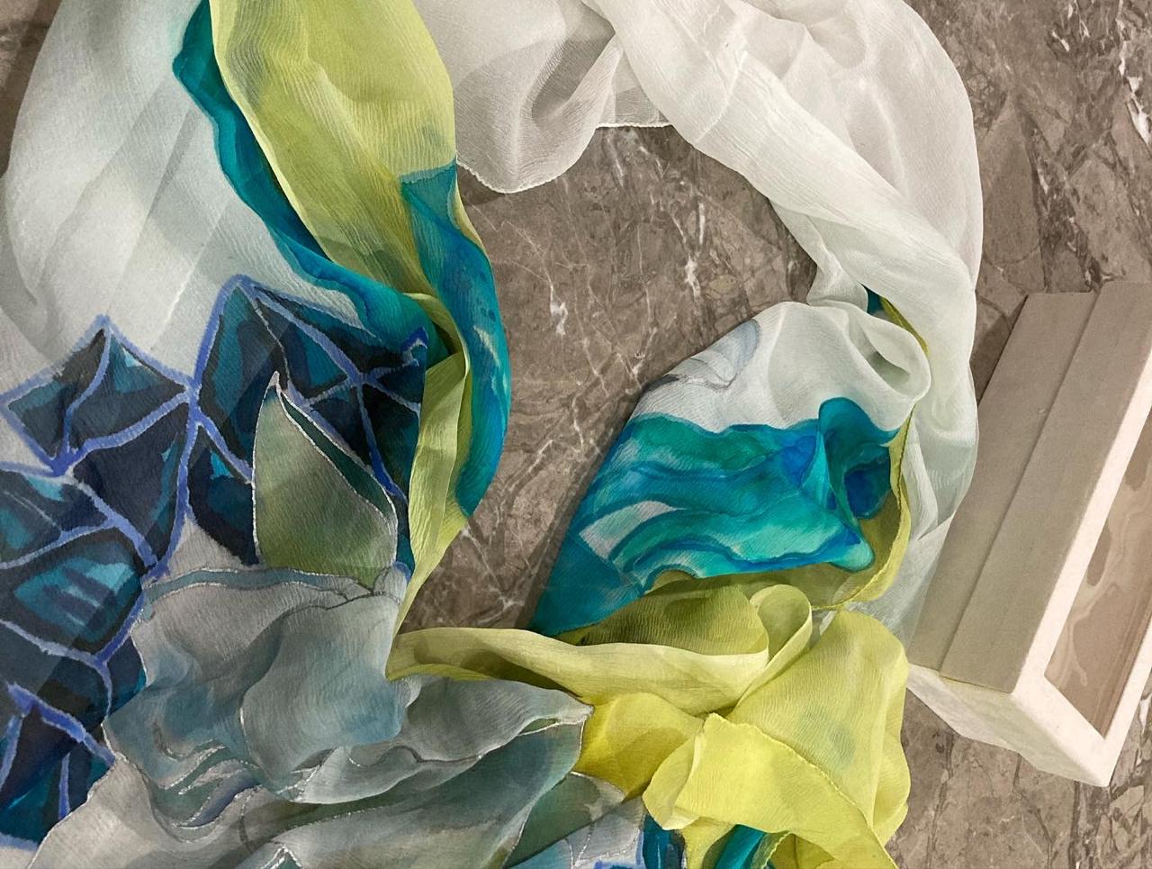 Blue and lime abstract silk scarf