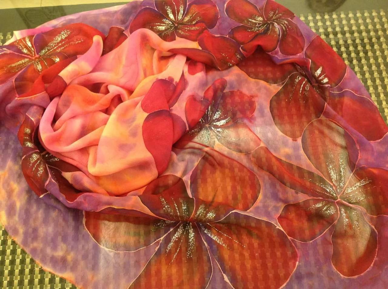 Red and purple hibiscus silk scarf
