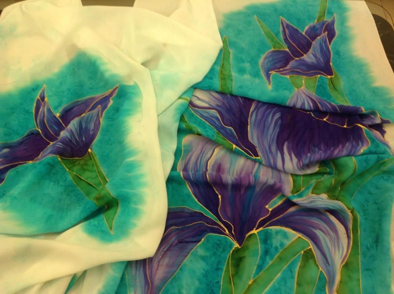 Purple irises with gold gutta on teal silk