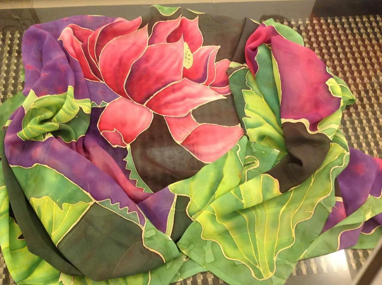Lotus painted on silk with layered colour