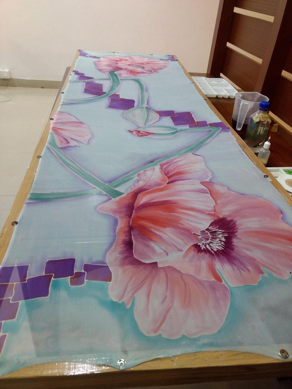 Pink poppies on blue silk