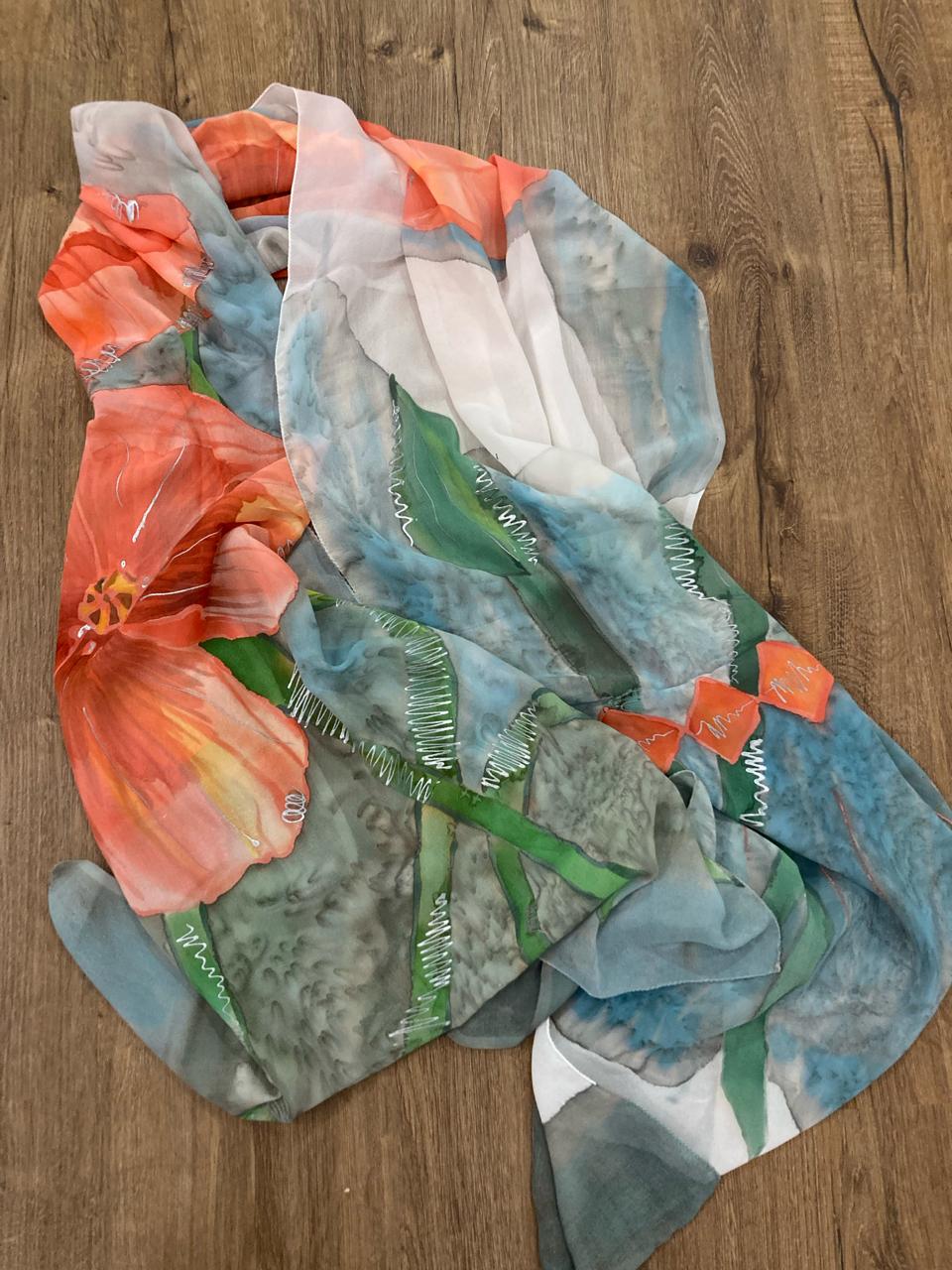 Orange poppies abstract silk scarf