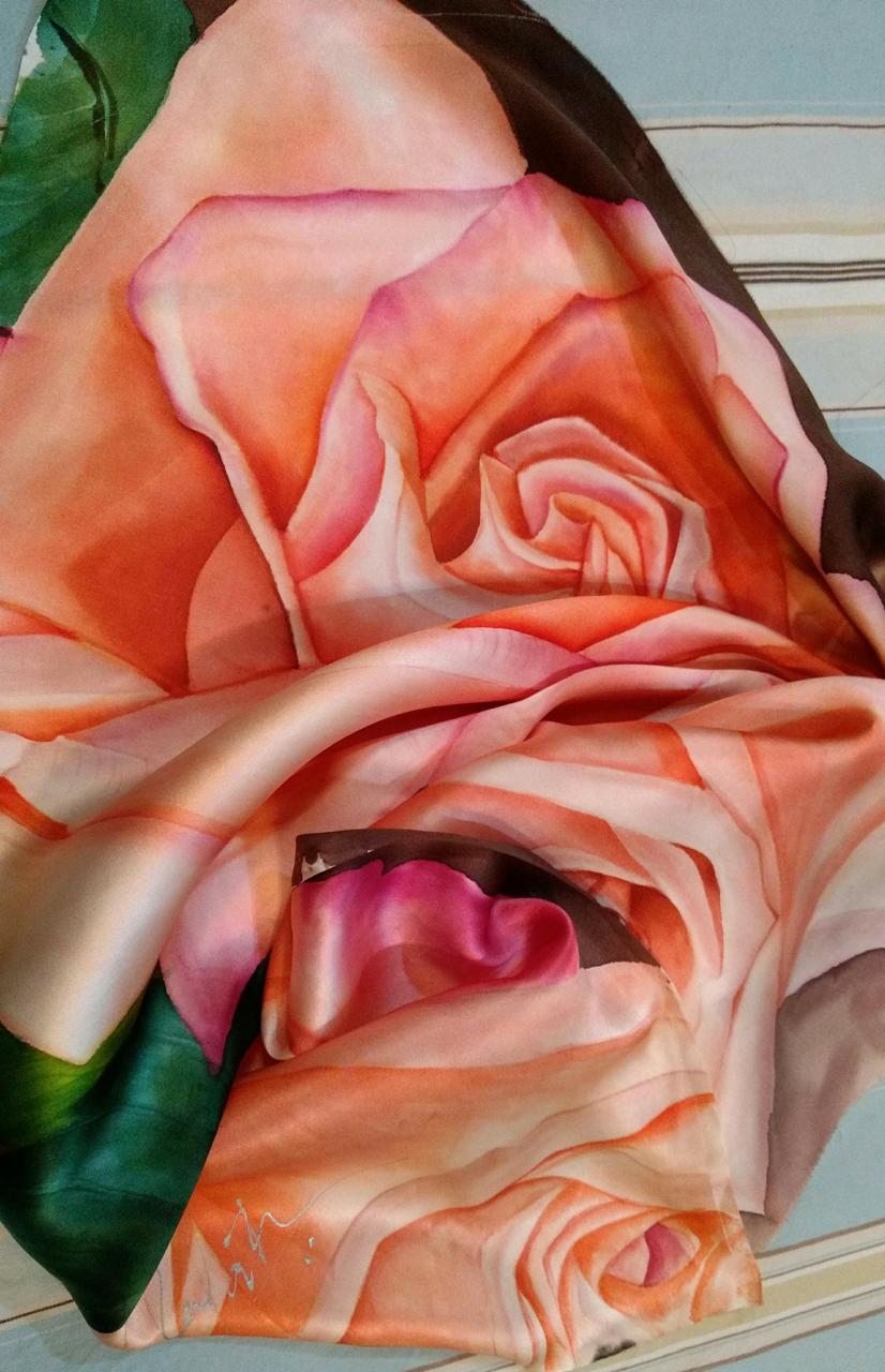 Photorealistic peach rose painted on silk