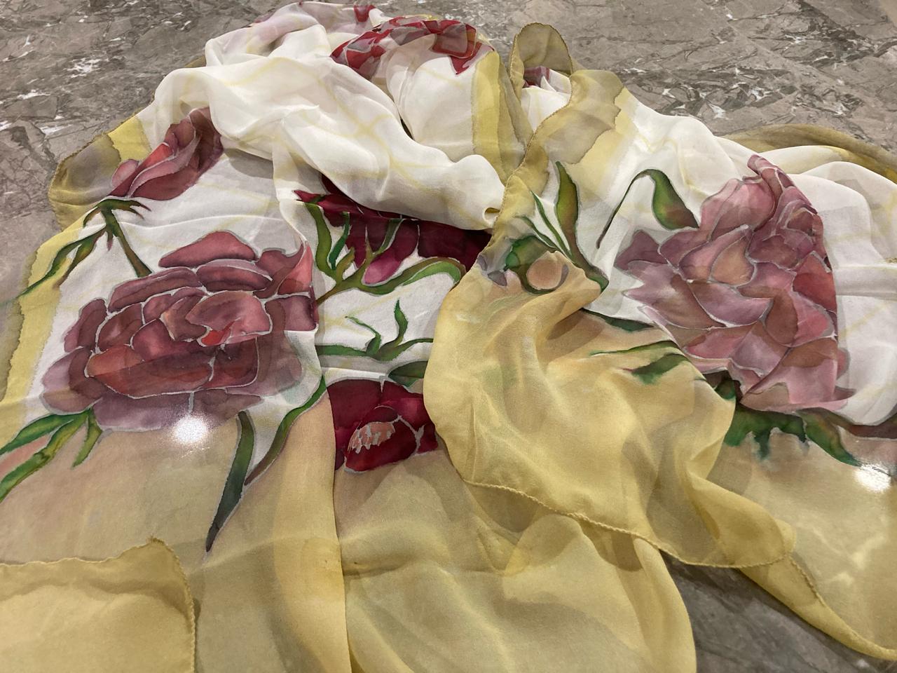 Roses on yellow silk chiffon