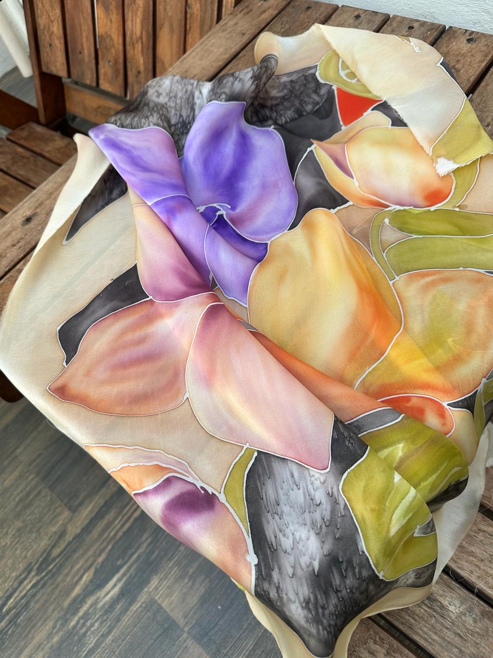 Stained-glass style tulips on silk